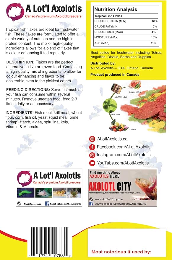 A Lot'l Axolotls Tropical Fish Flakes - Colour Enhancing - High Protein - Staple Food - 60g / 2 Oz