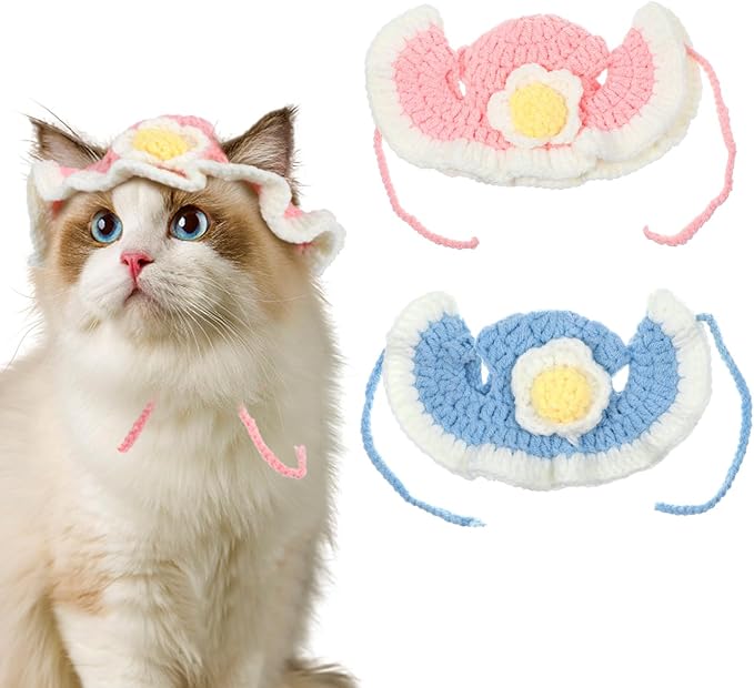 2 PCS Flower Cute Knit Pet Hat, Soft Knitted Cat Bunny Costume Halloween Easter Christmas, Small Accessory Hats for Kitten Pet Rabbits Dog Guinea Pig Daily Dress Up (Blue, Pink)