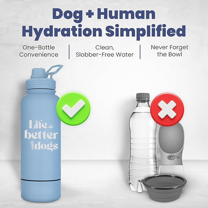 Dog Water Bottle for Dog Lovers - 32 oz Stainless Steel Double Wall Insulated Water Bottle with 8 oz Detachable Bowl - Doggy Lover Gift for Hiking, Walking, Travel - “Life is Better” - Dusty Blue