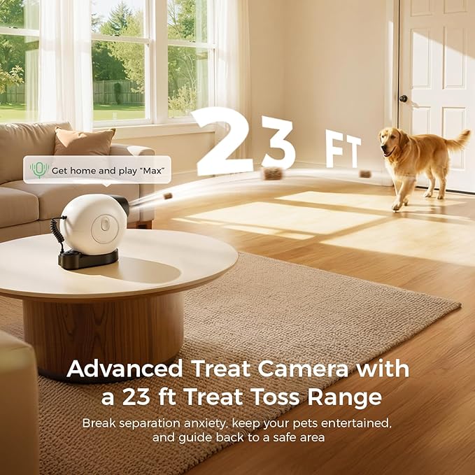 2026 3K Pet Camera Treat Dispenser, 32ft Remote Tossing for Dogs & Cats – Reduces Separation Anxiety, 360° View, Security Indoor Cam w/ Phone App, Barking Alerts, No Subscription, 5G WiFi, Robot M3