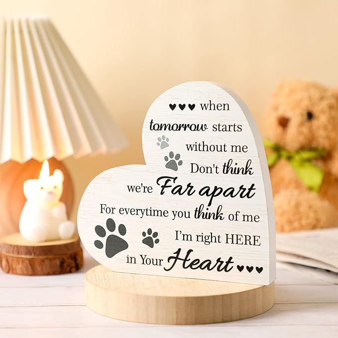 Maitys Pet Memorial Gifts Bereavement Remembrance for Loss of Dog Cat Sympathy Condolence Gifts Heart Shaped Wood Sign When Tomorrow Starts Without Me Wooden Plaque for Table Desk Decor(White)