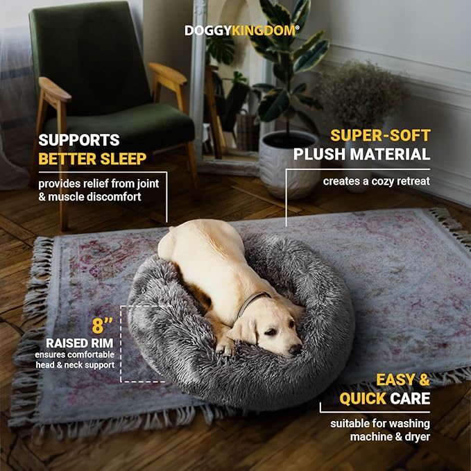 Calming Round Donut Dog Bed Pillow, Washable, Anti Anxiety, Anti-Slip, Cozy Soft Cuddler Comfort Bed with Fluffy Plush Faux Fur for Large Medium Small Sized Dog - Dark Gray, XS 24 inch