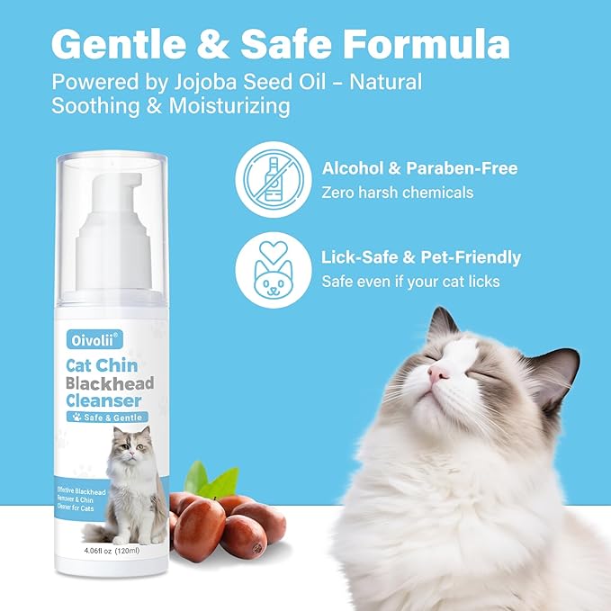 Cat Acne Chin Cleaner & Blackhead Remover – Deep Pore Feline Chin Acne Care Lotion with Silicone Brush – Cat Chin Scrubber for Black Chin Buildup – Gentle Coconut Scent – 4 fl oz
