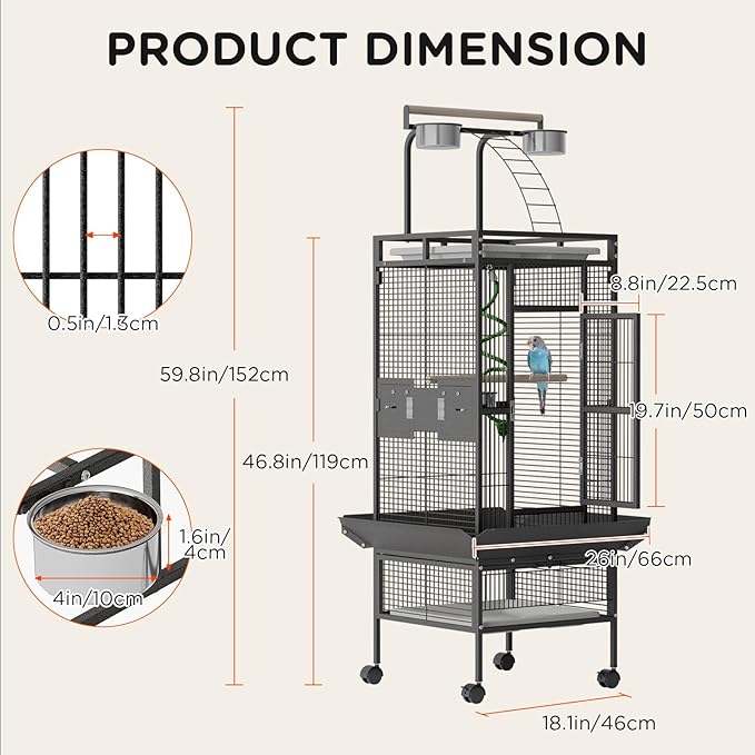 60 inch Large Bird Cage with Rolling Stand, Metal Parrot Cage with Play Top & 4 Stainless Steel Bowls, Birdcage Pet House for Conure Cockatiel Parakeet Lovebird, Black