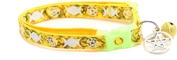 Wicca Cat Collar with Occult Charm & Bell | Witch’s Familiar Cat Collar | Witch Kitten Collar Charms | Glow in The Dark | Safety Breakaway Collar (Large(10lbs & Up), Topaz)