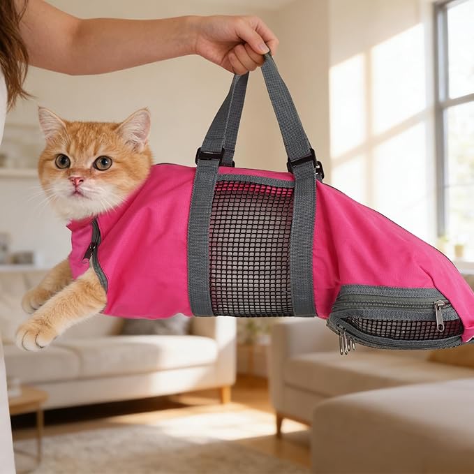Cinf Cat Nail Clipping Cleaning Grooming Restraint Bag No Scratching Biting for Bathing Nail Trimming Injecting Examining(Rose Red,M)