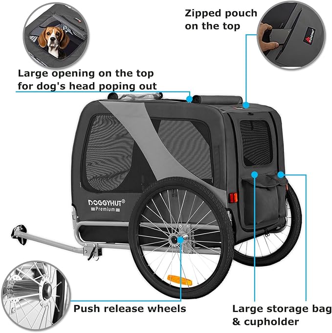 DOGGYHUT® Premium Large Pet Bike Trailer for Medium or Large Dog, Up to 78 lbs,Dog Bicycle Carrier,Low Center of Gravity,Easy Folding Frame