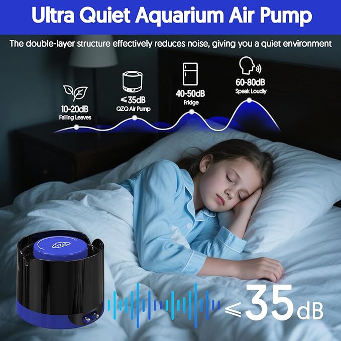 QZQ Aquarium Air Pump, Quiet Fish Tank Air Pump with Dual Outlets, 3W/5W Powerful Adjustable Oxygen Pump with Accessories, Aquarium Bubbler Aerator for Fish Tank Up to 80 Gallon (3W)