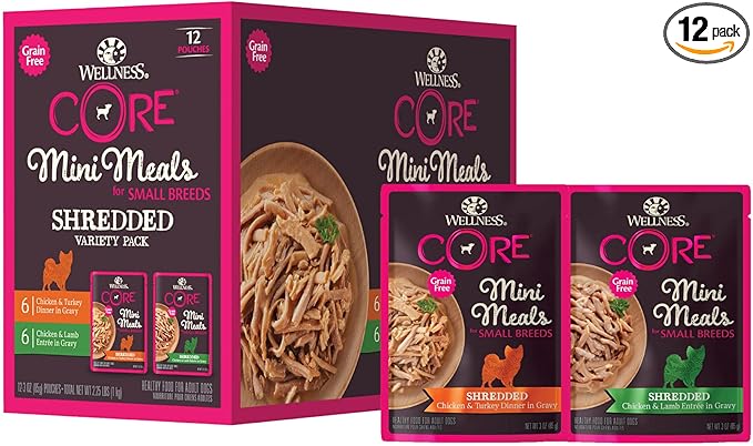 Wellness CORE Small Breed Mini Meals Shredded Variety Pack Adult Wet Dog Food, Grain Free, Natural, 3 oz, Pack of 12