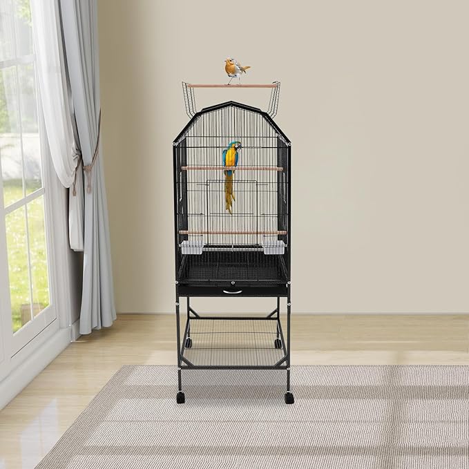 Large 46" Rolling Bird Cage for Mid-Sized Parrots with Detachable Stand, 4 Universal Wheels & Removable Tray, Iron Birdcage for Cockatiels, Parakeets, Finches (Black)
