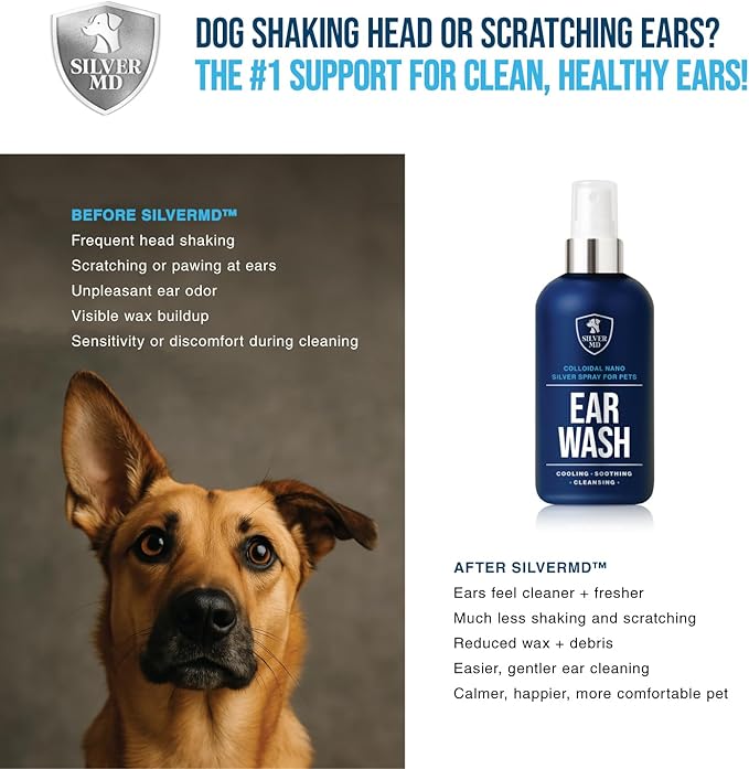 Pet Ear Wash Spray for Dogs & Cats, 8 oz Nano Silver Ear Cleaner, Gentle Ear Flush for Itchy Sensitive Ears, Soothing Cleansing Solution for Wax, Odor & Daily Ear Care