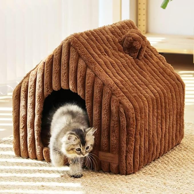 FUKUMARU Cat Houses for Indoor Cats, Washable Cute Cat Bed Cave with Removable Pillow, Large Semi-Enclosed Cozy Dog House Indoor, Soft Faux Rabbit Fur Kitten Bed, 17.5-Inch Durable Cat Hideaway, Brown