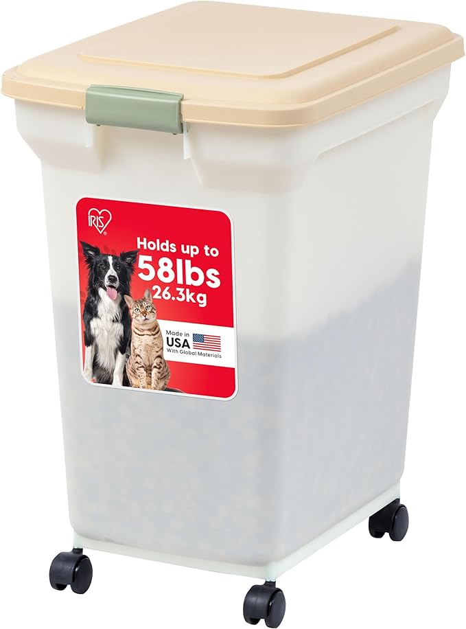 IRIS USA Dog Food Storage Container 58 lbs, Attachable Wheels, for Dog Cat Birds and other Pets, Food Storage Bin, Keep Fresh, Easy Mobility, BPA Free - Made in the USA, Almond/Pearl