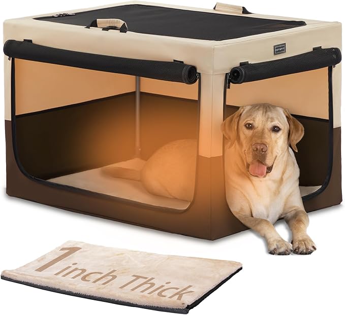 PETSFIT Portable Dog Crate for Medium Large Dogs, – 36" Soft Dog Travel Crates with Lockable Zippers & Thicken Mat, Adjustable Patented Spiral Steel Frame, Collapsible Kennel for Indoor & Outdoor