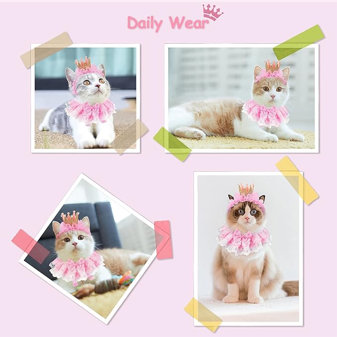Legendog Cat Bandana, Princess Costume, Cute Lace Dog Bandanas and Crown Accessories for Small Dogs, Pink Outfit for Birthday Party (B-Pink)