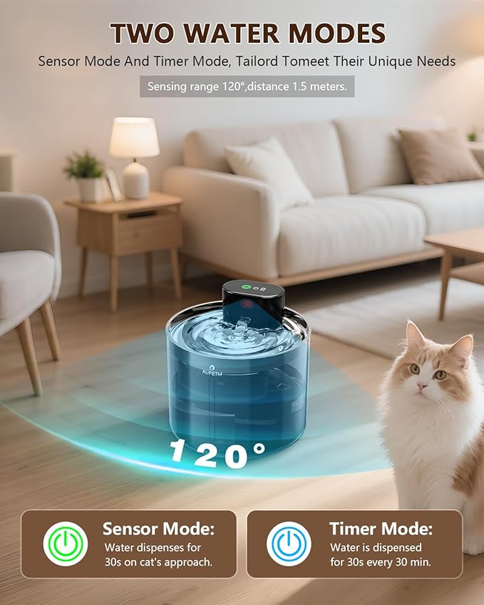 Cat Water Fountain Wireless Pet Fountain with Stainless Steel Tray, 45+ Day Battery, Motion Sensor & Timer, Cat/Dog Water Bowl Dispenser, Ultra Quiet 6-Stage Filtration (Round)