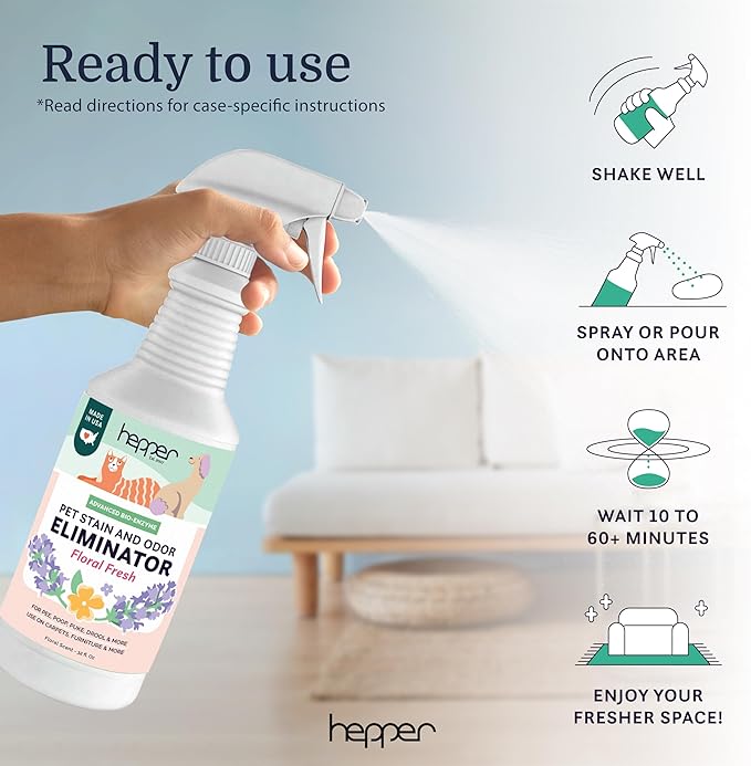 Hepper Advanced Bio-Enzyme Pet Stain & Odor Eliminator Spray - Smell, Stain & Urine Remover for Cats, Dogs & Other Animals - 32oz Spray Safe for the Home - Floral Fresh
