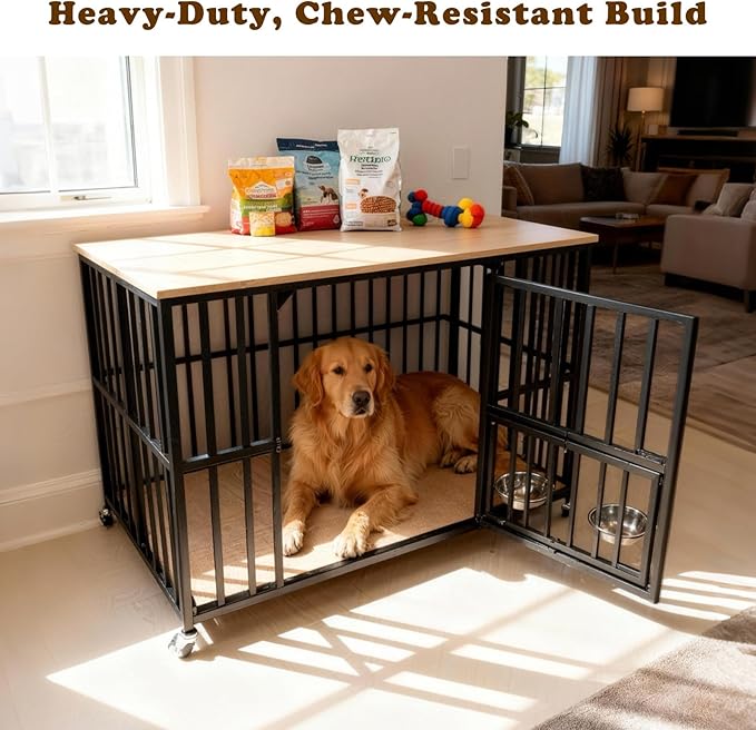 43" Dog Crate Furniture Foldable, Large Dog Kennel Furniture with Swing-Out Bowl & Dual Base Sets (Feet+Wheel), No Assembly Foldable Dog Crate Furniture, End Table for Large Dogs, Warm Gray