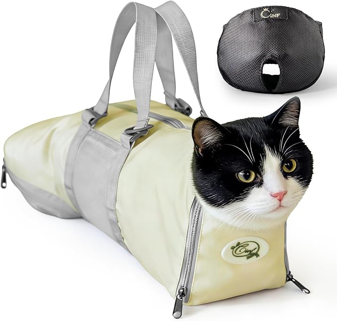 Cinf Cat Nail Clipping Cleaning Grooming Restraint Bag （Free Muzzle） No Scratching Biting for Bathing Nail Trimming Injecting Examining((Beige Gray,M)
