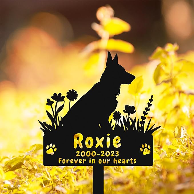 Custom Dog German Shepherd Memorial Grave Marker Metal Dog Burial Stake, Personalized Flowers Dog Memorial Garden Stake, German Shepherd Dog Grave Marker for Outdoors Memorial Dog Plaque