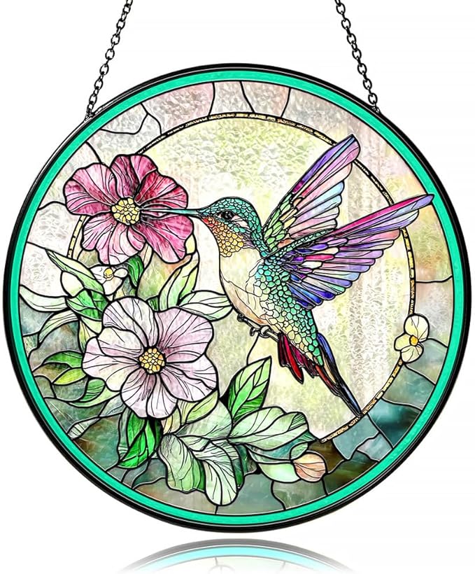 Hummingbird Suncatcher with Floral Nectar Design, Stained Glass Suncatcher - Stained Glass Window Hanging for Nature Lovers, Unique Gift for Bird Enthusiasts, Indoor/Outdoor Garden or Home Decoration