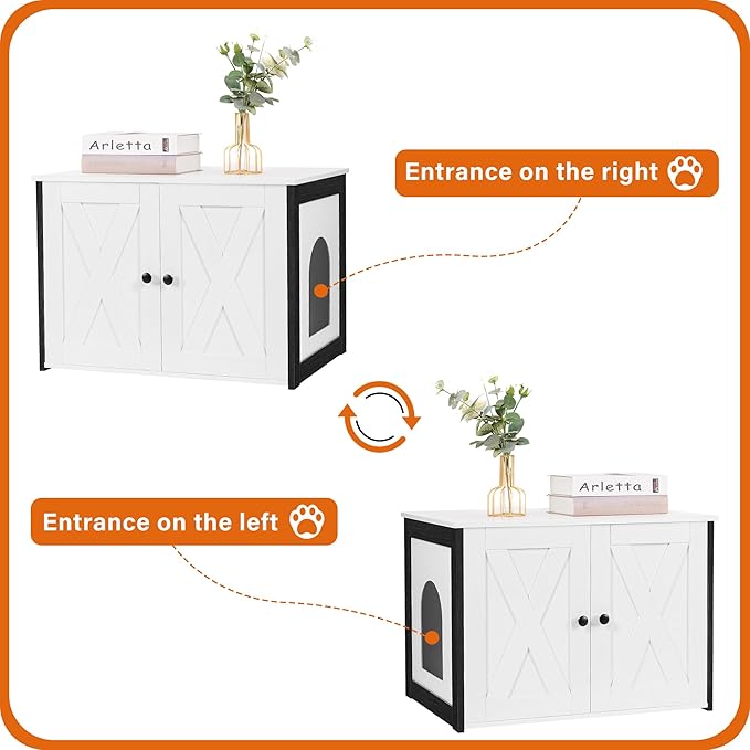 Dwanton Litter Box Enclosure, Cat Litter Box Furniture Hidden, Reversible Entrance Can Be on Left or Right Side, Wooden Cat Washroom Indoor, White, 27.6 Inches