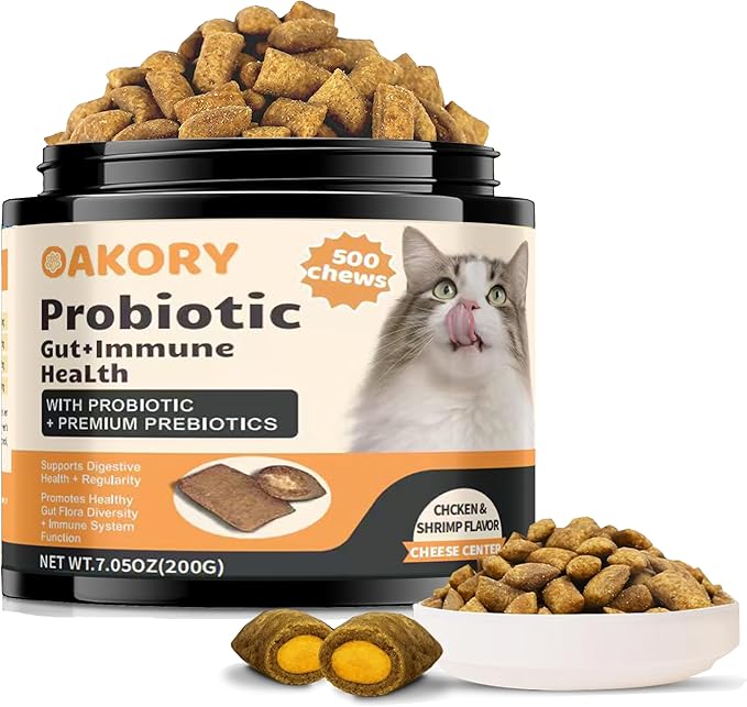 Cat Probiotics for Digestive Health - 500 Chicken Flavor Chews with Prebiotics | Supports Gut Health, Relieves Constipation & Diarrhea, Improves Stool Quality & Nutrient Absorption