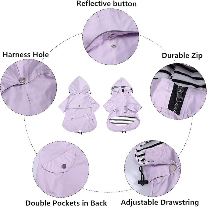 Morezi Dog Zip Up Raincoat with Reflective Buttons, Rain/Water Resistant, Adjustable Drawstring, Removable Hood, Raincoats with Legs 8lbs to 80lbs Available - Purple - M