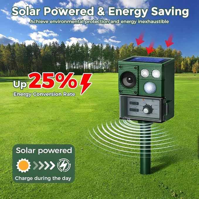 2026 Upgraded Solar Ultrasonic Animal Repellent, Deer Repellent Devices Cat Repellent Outdoor Squirrel Repellent Dog Raccoon Skunk Rabbit Rodent Coyote Repeller, PIR Sensor, Flash Light (Green)