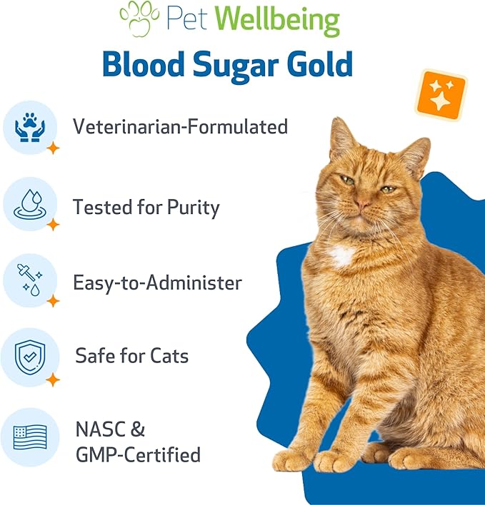Pet Wellbeing Blood Sugar Gold Cats - Holistic Blood Sugar Support, Pancreas & Liver Health, Gymnema, Fenugreek & Devil’s Club - NASC Certified & Vet-Formulated - 4 oz Liquid