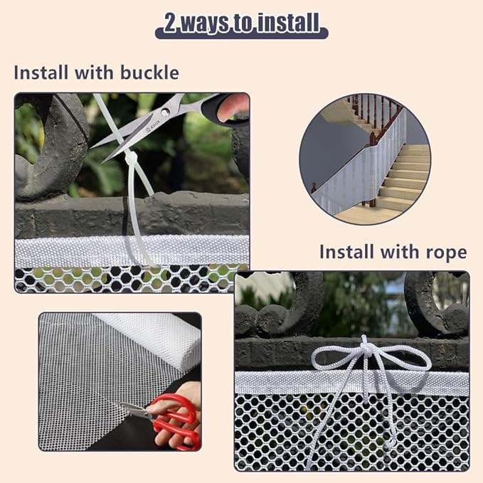 Banister Guard 10 ft L x 2.6 ft H Balcony Netting for Pets Stairs Railing Nylon Net Stairway Balcony Mesh Netting Banister Stair Net Balcony Safety Net Stair Guard for Indoor & Outdoor(White)