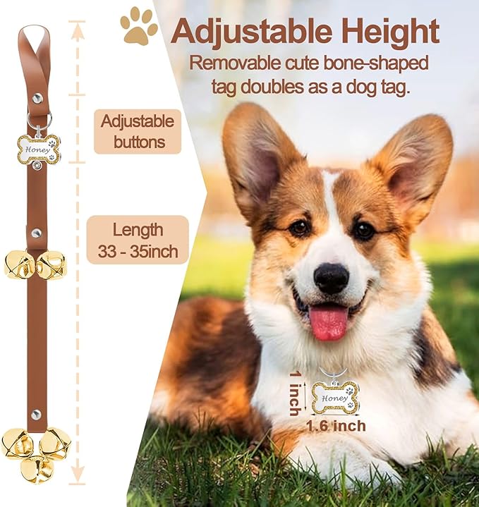 Leather Dog Bells, Puppy Potty Training Bell Dog Doorbell Potty Train Dog Bell for Potty Training Door Bells for Dogs to Ring to Go Outside Jingle Bells (Leather Brown, Glitter Bone 1 PCS)
