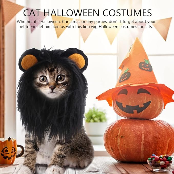 Cat Halloween Costumes- Black Lion Mane Wig Pet Costumes Hat for Halloween Christmas Dress Up Accessories Decoration for Kitten Cats,Size M