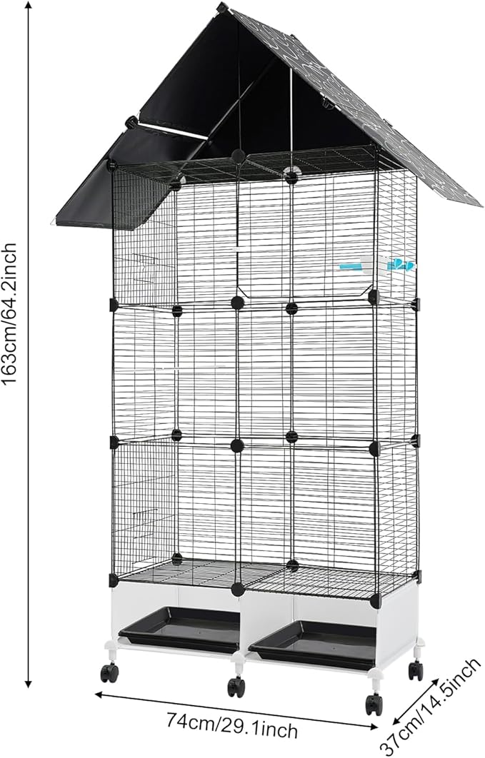64 Inch 3-Tier Big Bird Cage with Food & Water Bowls Parakeet Bird Cage with Stand, Wheels Metal Birdcage Parrot Cage for Parakeet, Lovebirds, Ringneck, Cockatiels (Black, 3-Tier)