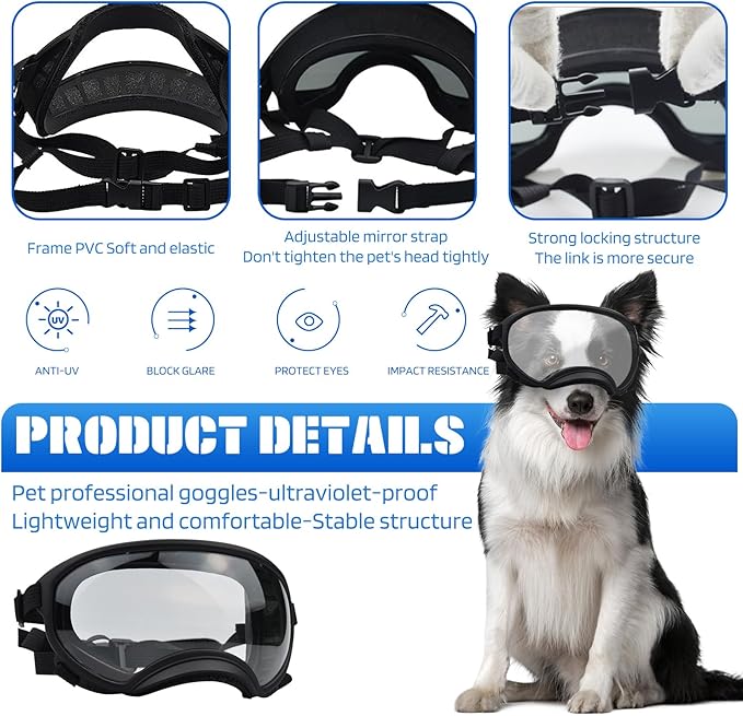 Pacify Dog Goggles for Large Dogs, UV Protection Dog Sunglasses with Adjustable Strap for Medium Large Dog Pet Glasses (Clear)