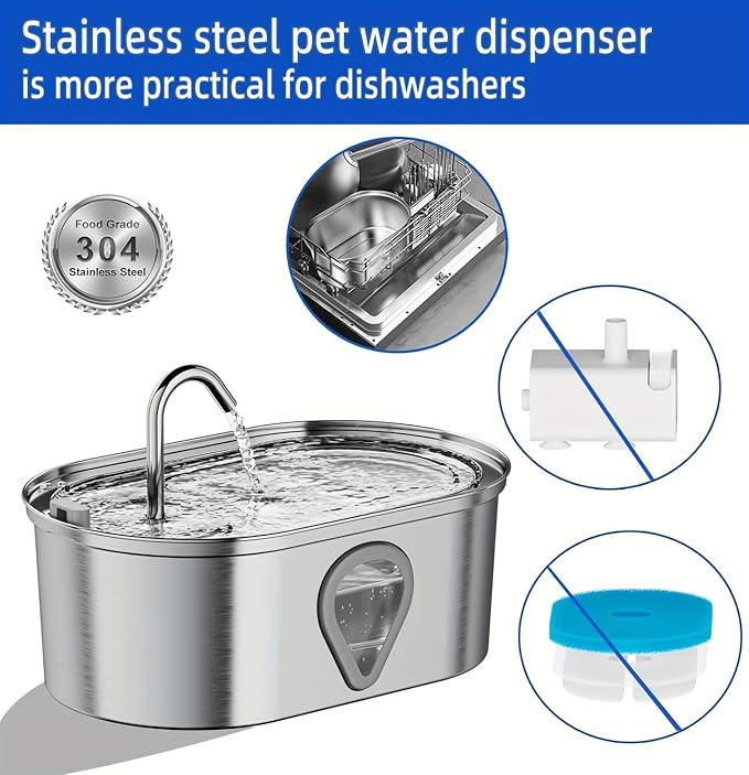 NPET WF170 Cat Water Fountain Stainless Steel: 3.5L/118oz Pet Fountain Water Bowl Dog Drinking Dispenser Dish Animal Feeding & Watering Supplies with 8 Replacement Filters (Water Fountain+8 Filters)
