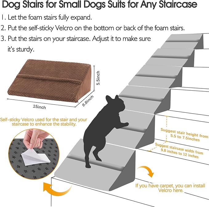 40D Density Foam Dog Ramp with Anti-Slip Bump for Stairs Suits for Small Dogs Cats, Pet Ramp Steps Stairs for Staircase Indoor with Self-Sticky Pads to Fix(6Pack, Brown)