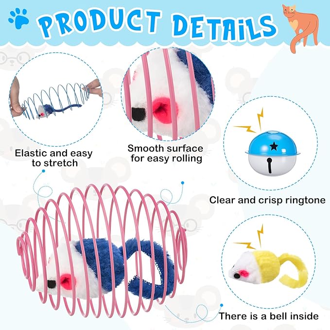 Jecery 5 Pcs Cat Spring Balls Toys Stretchable Rolling Balls Colorful Playful Coils Interactive Action Toy Caged Rats for Kitten Pet Supplies (Mouse and Bell,Mix Colors)