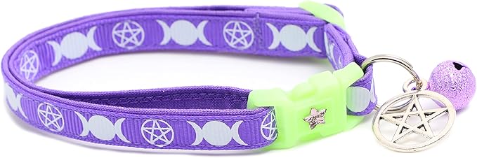 Wicca Cat Collar with Occult Charm & Bell | Witch’s Familiar Cat Collar | Witch Kitten Collar Charms | Glow in The Dark | Safety Breakaway Collar (Large(10lbs & Up), Solid Purple)
