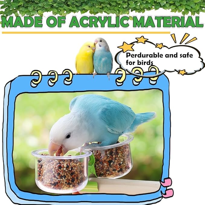 2 Pack Bird Feeding Cup Plastic Feeder with Clamp Holder for Small Size Birds Parakeet African Greys Conure Cockatiels Budgies Chinchilla