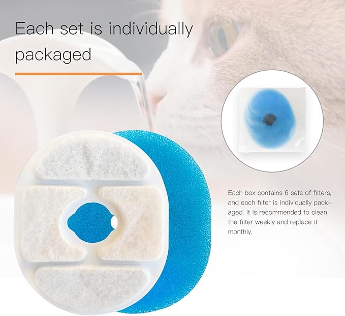 6 Pack Replacement Filters for 0.9gal/115oz/3.4L Cat Water Fountain Multi-layer Filtration Including a Sponge Layer Ion Exchange Resin Layer and Activated Carbon Layer
