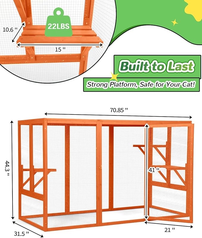 Catio Outdoor Cat Enclosure,71" Catios for Cats Outdoor Patio, Clearance Large Cat Cage for Outside, Cattio with Window Access, Weatherproof, Orange