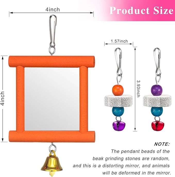 Sumind 2 Pieces Chicken Mirror Toys Hanging Swing Mirror with Bell Wooden Pecking Toy and 4 Pieces Beak Grinding Molar Stones for Hens Birds Parrots (Red,Orange)