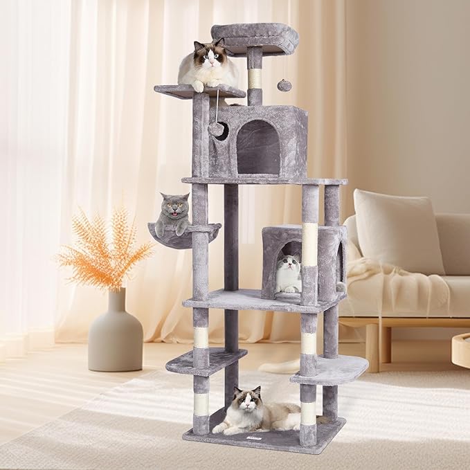 VEVOR Cat Tree for Indoor Cats, 68.5" Cat Tower with 2 Cat Condos, Sisal Scratching Post, Hammock, Top Perch, Jumping Platforms, Large Cat Furniture Activity Center with Hang Ball, Light Grey