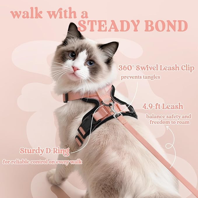 rabbitgoo Cat Harness and Leash for Walking, Escape Proof Soft Adjustable Vest Harnesses for Cats, Easy Control Breathable Reflective Strips Jacket, Light Salmon Pink, M