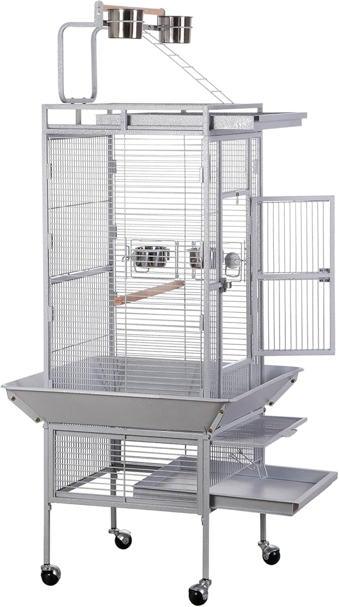 LEMY 61 Inch Bird Cage,Large Iron Flight Parakeet Cage with Play Top and Rolling Stand,White Indoor&Outdoor Use Birdcage for Parrots,Cockatiels,Conures,Lovebirds, Small Birds