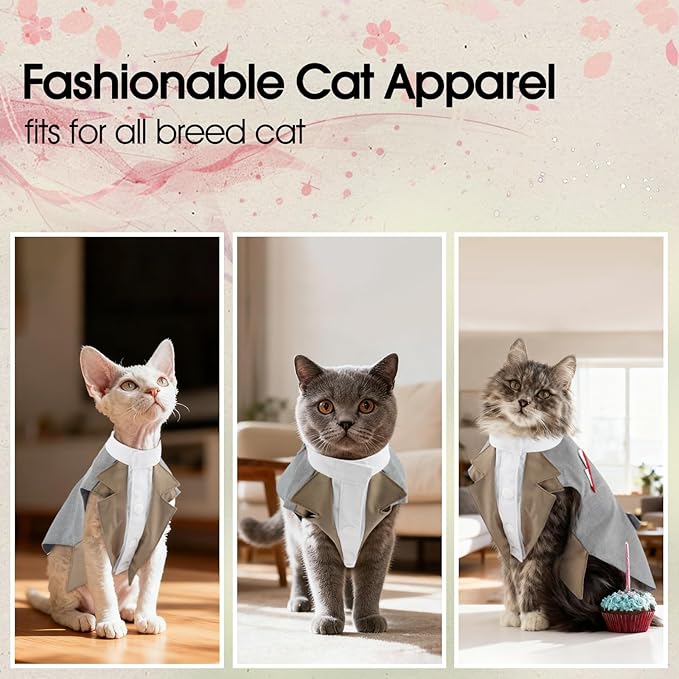 DENTRUN Cat Tuxedo Outfit Formal Suit with Shirt, Fancy Pet Tuxedo Vest for Hairless & Furry Cats, Kitten Wedding Attire Birthday Party Costume Clothes for Cats Only, XS-XXL