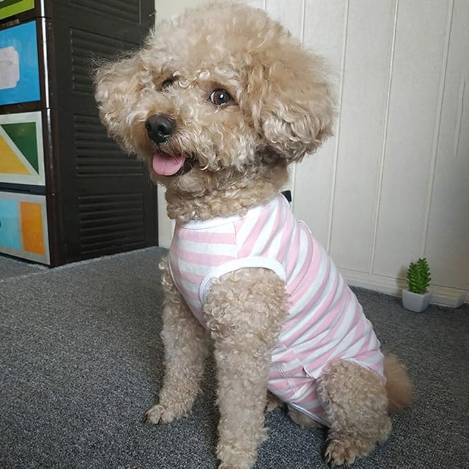 Dog’s Recovery Suit Post Surgery Shirt for Puppy, Wound Protective Clothes for Little Animals(Pink White Stripe-XXS)