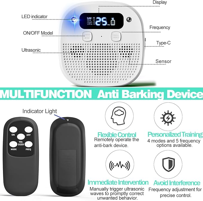 Dog Barking Control Devices, Bark Box with Remote Control, Rechargeable, Waterproof, Adjustable Modes & Frequencies, Anti Barking Device for Dogs Indoor Outdoor (White)