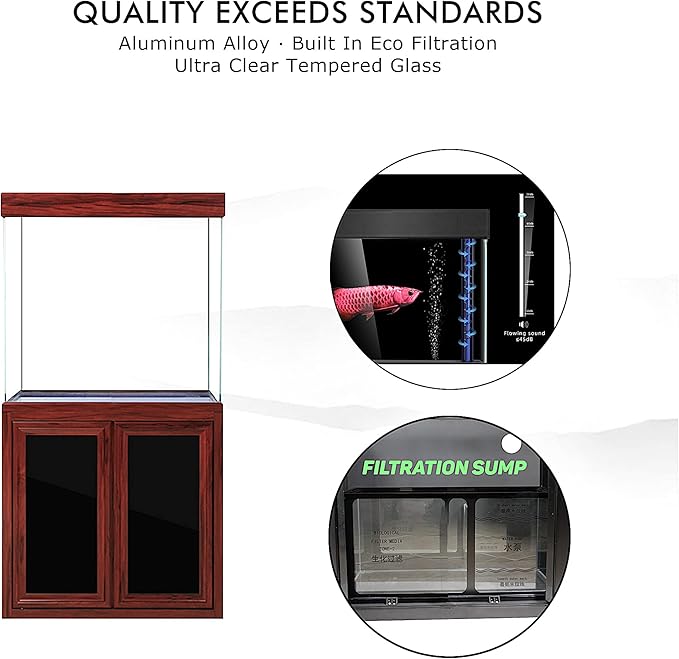 40 Gallon Glass Aquarium with Aluminum Cabinet - Including Sump for Filtration and Circulation, Plumbing, LED, Redwood